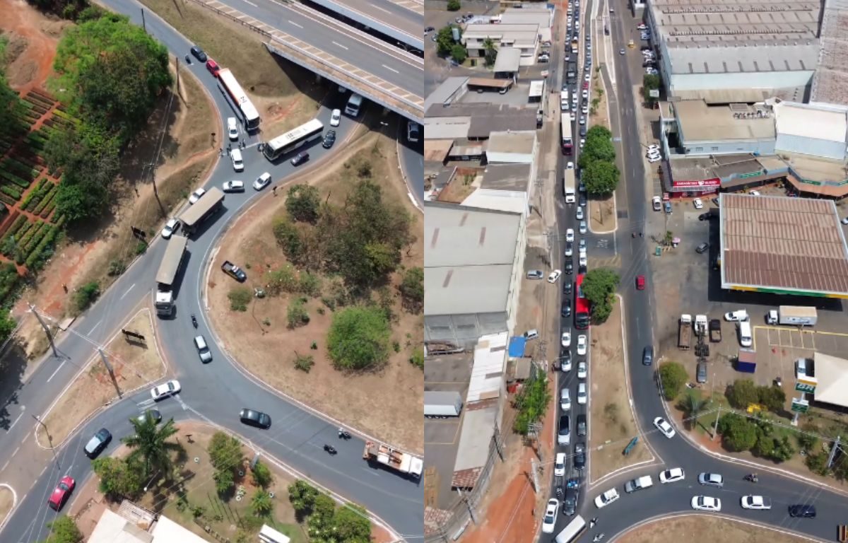 Vídeo mostra congestionamento quilométrico após carreta estragar no trevo do Recanto do Sol