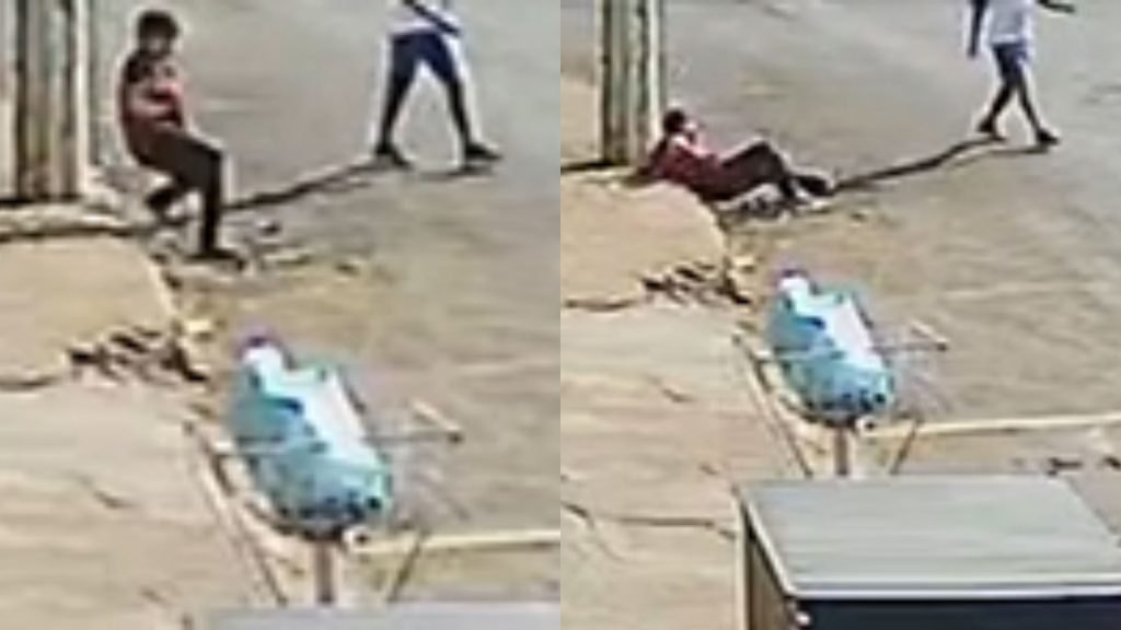 Câmeras flagraram quando criança pisou em fio elétrico.