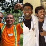 Maicon Rainan de Almeida ao lado do pai, José Francisco Conrado, e dos colegas de curso. (Foto: Luciano Magalhães e Reprodução/Redes Sociais)