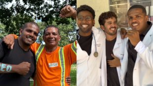 Maicon Rainan de Almeida ao lado do pai, José Francisco Conrado, e dos colegas de curso. (Foto: Luciano Magalhães e Reprodução/Redes Sociais)