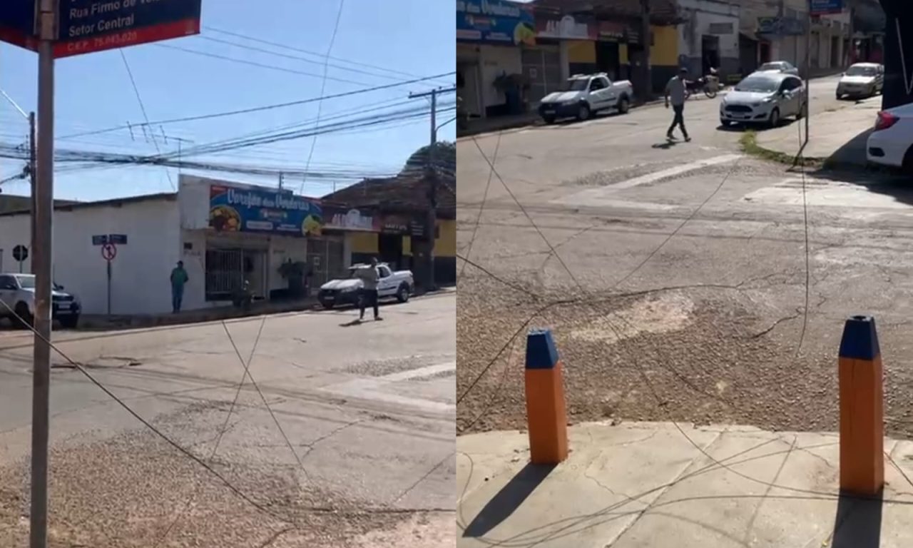 Registro da fiação caída em meio à rua. (Foto: Reprodução)