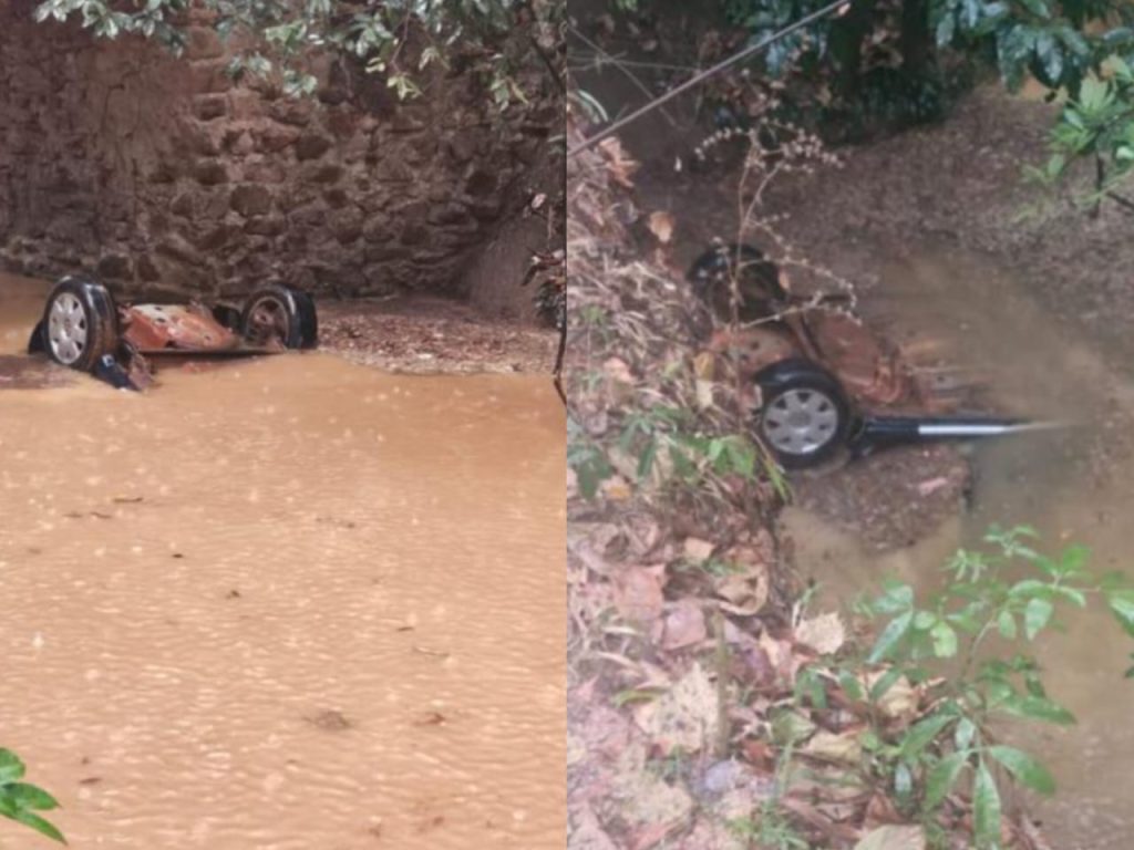 Carro afundou quase que completamente. (Foto: reprodução)