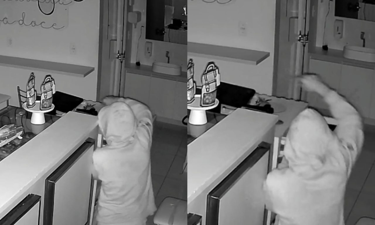 Câmeras da confeitaria registraram o momento do furto. (Foto: Reprodução)