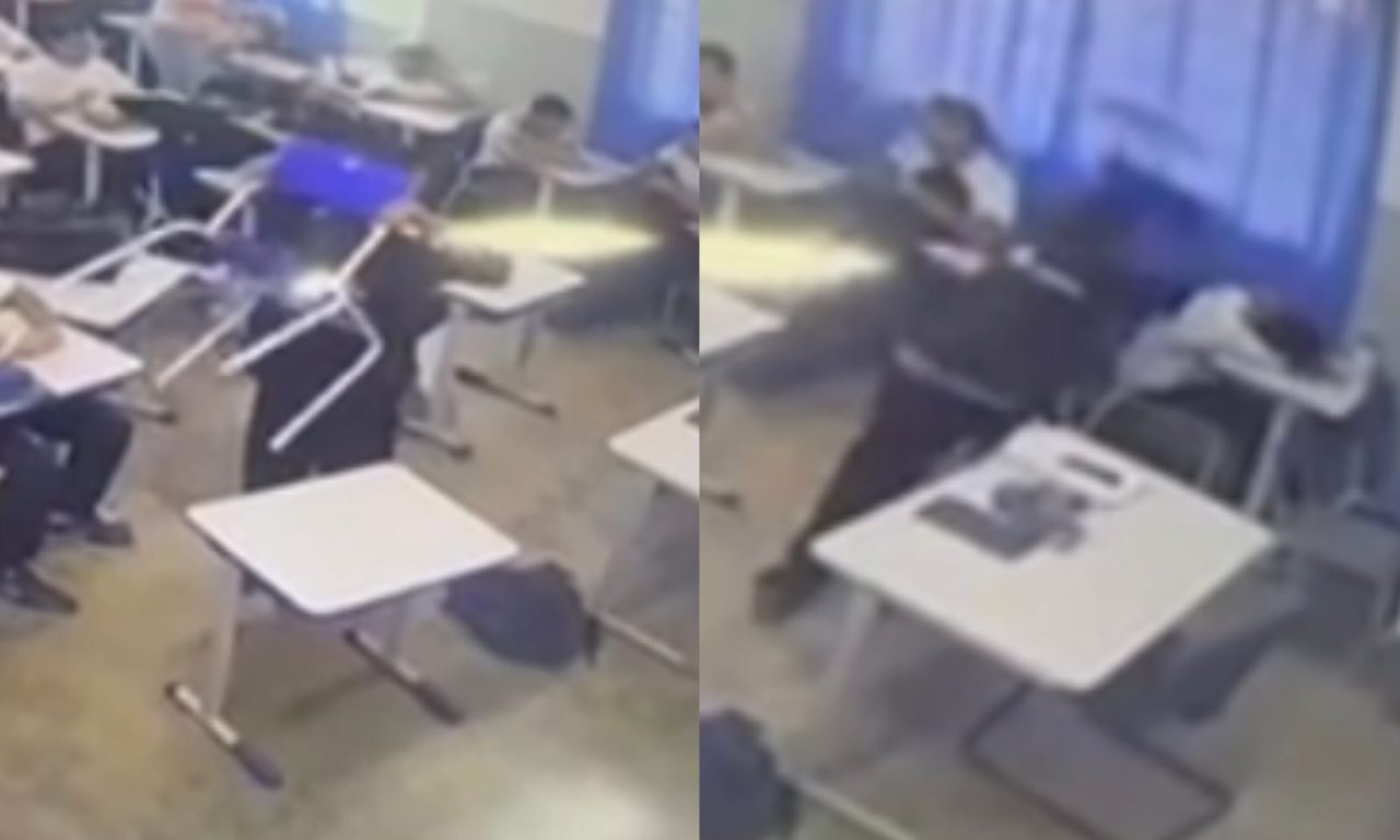 Filmagem mostra momento em que adolescente dá a cadeirada no colega, que estava deitado na carteira. (Foto: Reprodução)