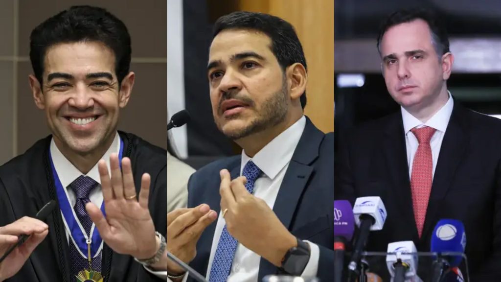 Ministro do TCU Bruno Dantas, ministro da AGU Jorge Messias e senador Rodrigo Pacheco (PSD-MG). (Fotos: Marcelo Camargo, Valter Campanato, Lula Marques/Agência Brasil)