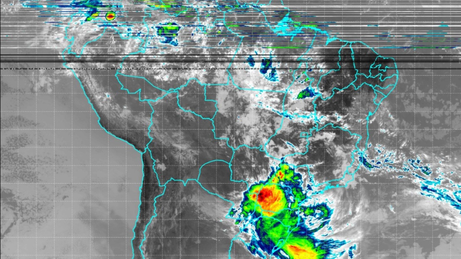 Imagem de satélite mostra frente fria avançando pelo Sudeste do Brasil. 
