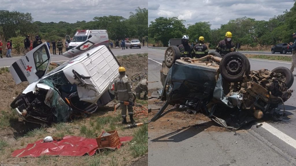 Acidente entre ambulância e carro de passeio deixou três mortos na BR-153.