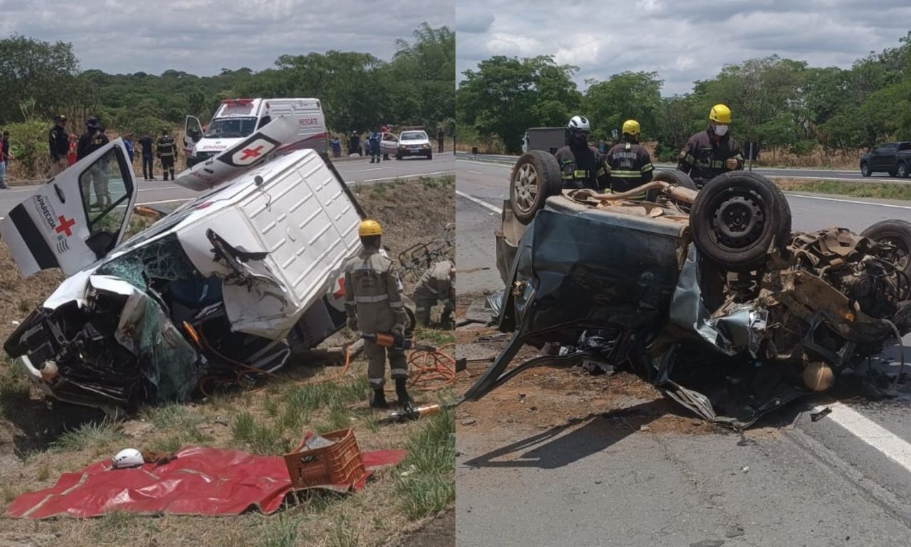 Acidente entre ambulância e carro de passeio deixou três mortos na BR-153.