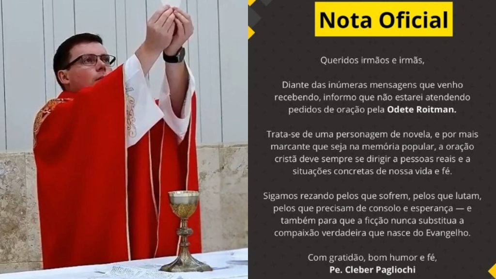 Padre Cleber Pagliochi precisou usar as redes sociais para pedir que fiéis parem de pedir orações a Odete Roitman, personagem de Debora Bloch. (Foto: Reprodução/Instagram)