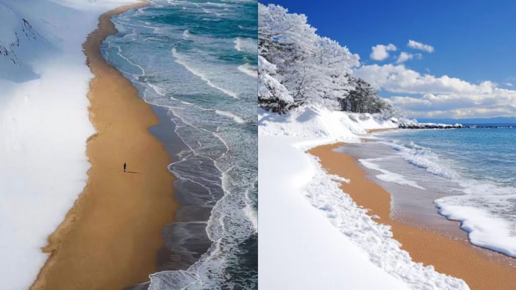 Conheça a praia onde a neve, a areia e o mar se encontram em um cenário único