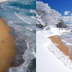 Conheça a praia onde a neve, a areia e o mar se encontram em um cenário único