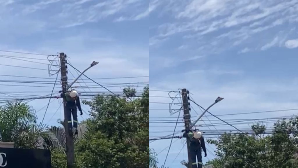 Trabalhador leva choque e fica pendurado em poste em Aparecida de Goiânia