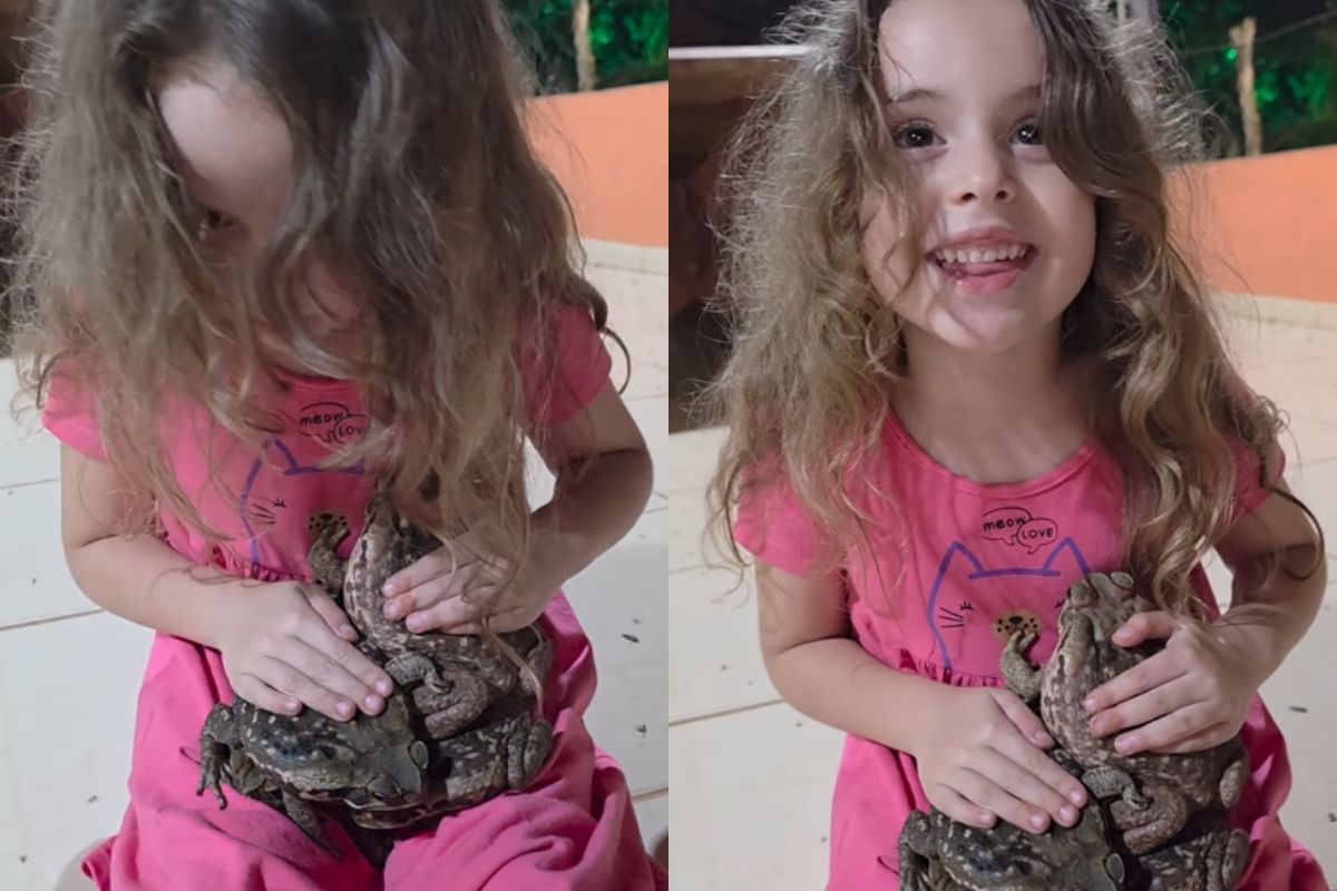 Nada de cachorro: menina de 5 anos viraliza ao brincar com sapos em Goiás