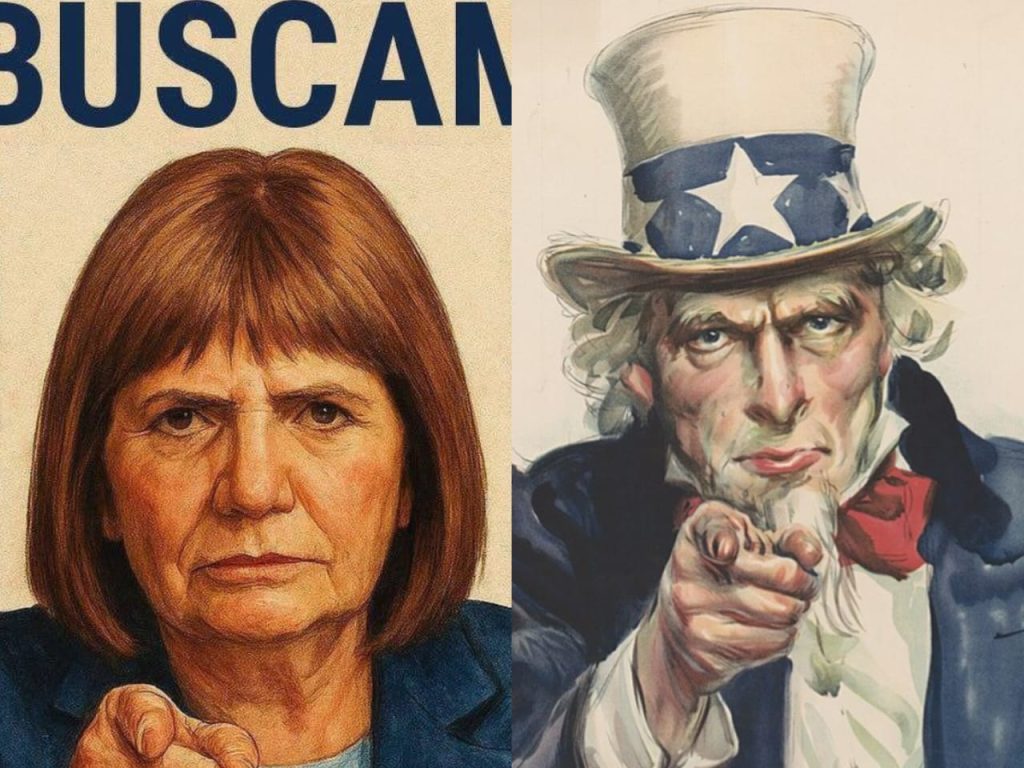 Cartaz da ministra Patricia Bullrich ao lado do "Tio Sam". (Foto: reprodução)