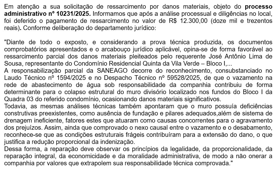 Resposta da Saneago. (Foto: Arquivo Pessoal)