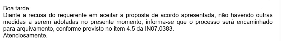 Resposta final da Saneago, informando que o processo seria arquivado. (Foto: Arquivo Pessoal)