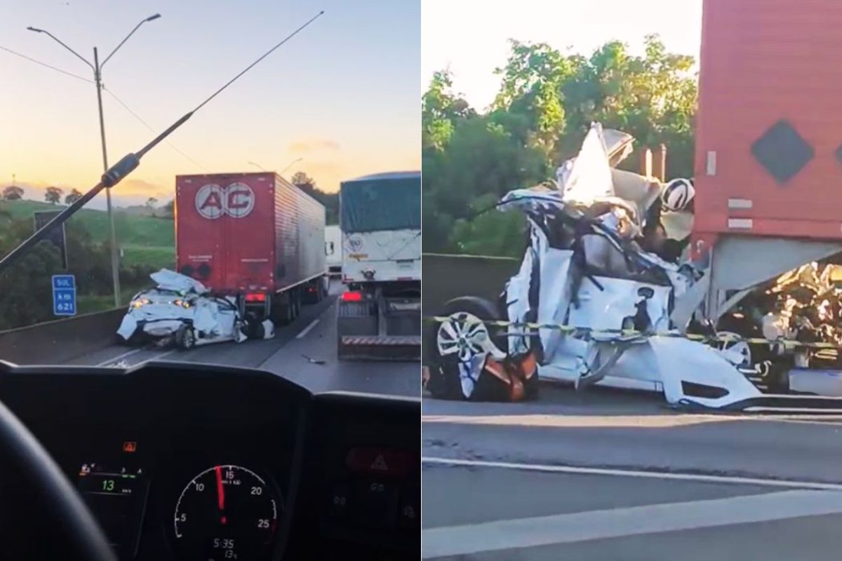Carro fica esmagado entre carretas em acidente com ao menos 3 mortos no PR