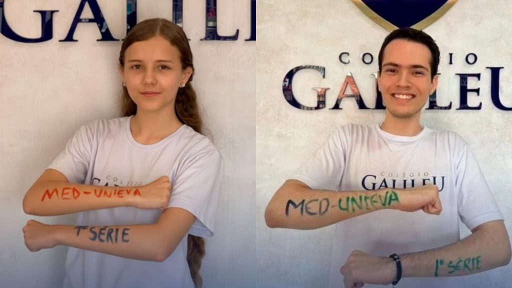 Estudantes Alissa Costa, de 15 anos, e Davi Paixão, de 16 anos.