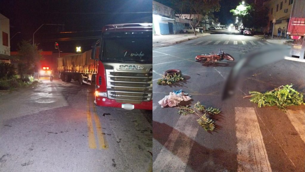 Carreta bitrem atingiu motociclista no momento da conversão no semáforo.