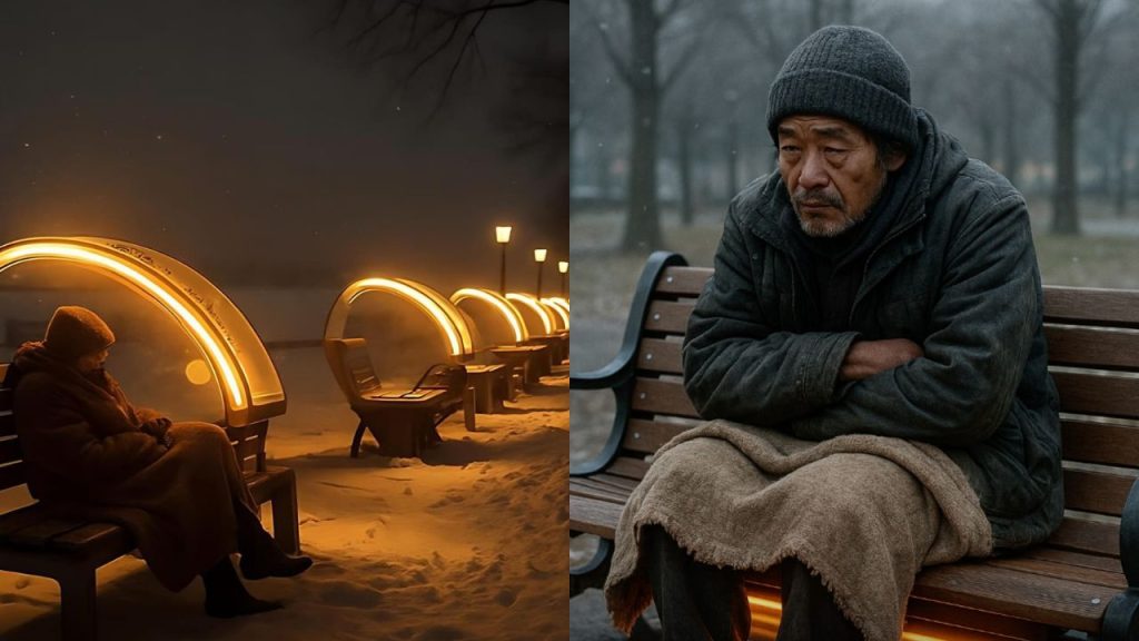 País está testando bancos aquecidos para que pessoas em situação de rua possam se manter aquecidas durante toda a noite