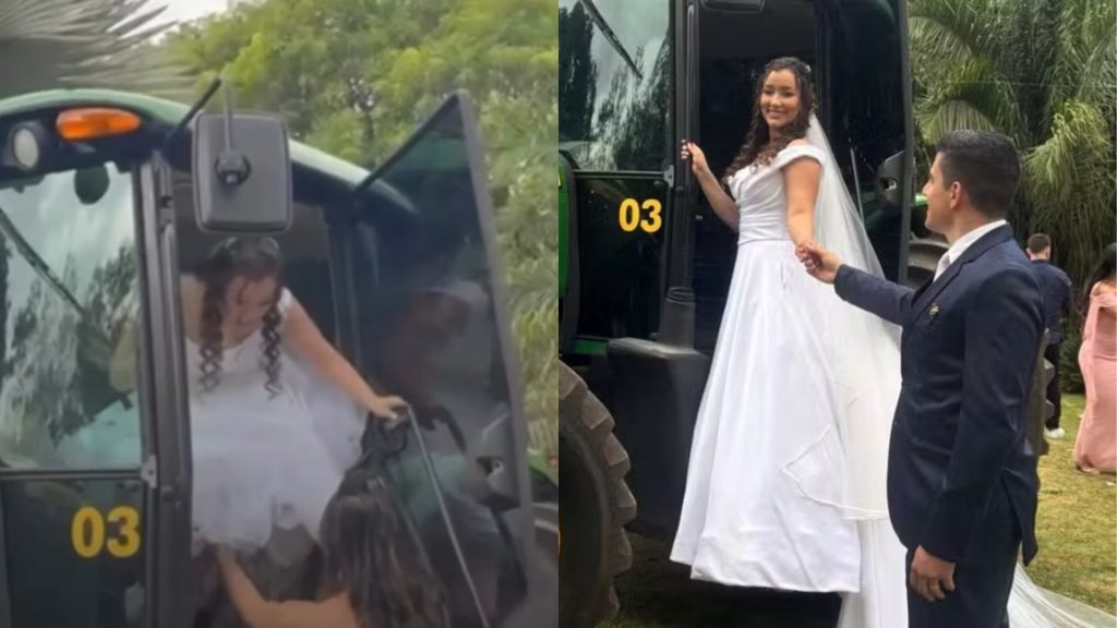 Ana Carolina Teles decidiu usar um trator para entrar no próprio casamento.