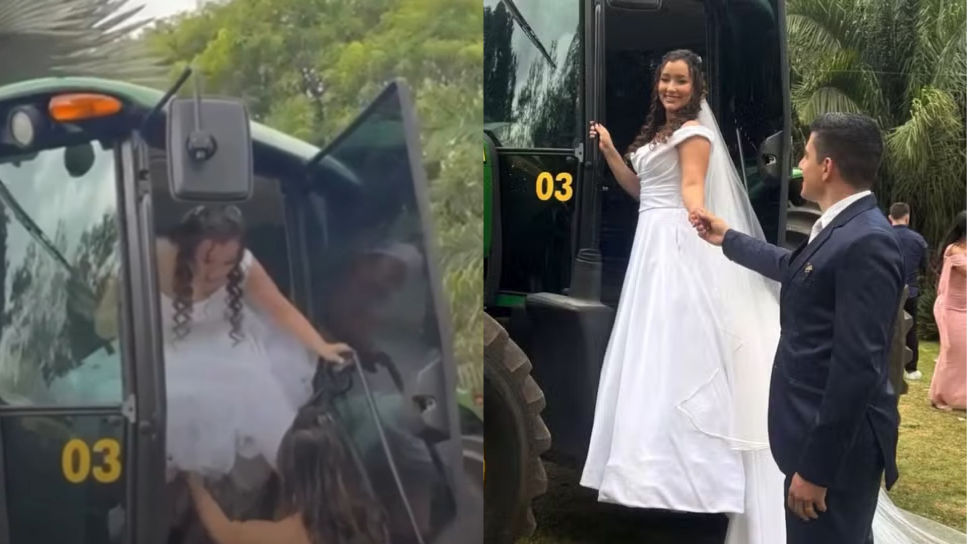 Ana Carolina Teles decidiu usar um trator para entrar no próprio casamento.