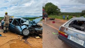 Carro ficou destruído após acidente.