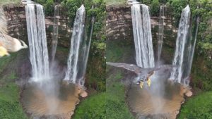 Imagens feitas de drone sobre o Salto do Paraguassú contaram com "visita" inesperada de gavião.