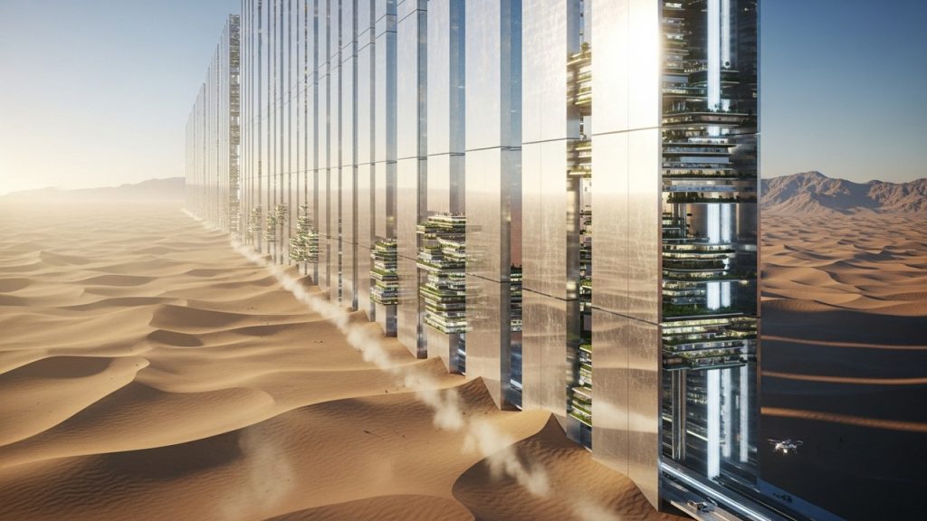 A estrutura faraônica que promete abolir os carros e criar uma cidade vertical no meio do deserto