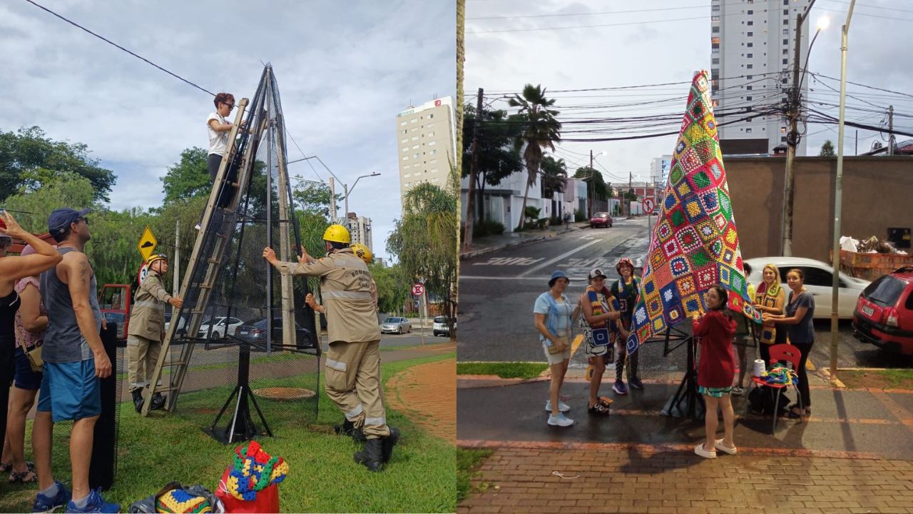 Anápolis ganha primeira árvore de Natal feita inteiramente de crochê por grupo de voluntários