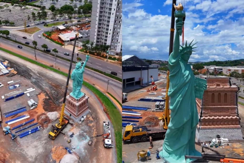 Com quase 40 metros, Estátua da Liberdade da Havan é erguida em Goiânia