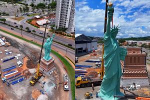 Com quase 40 metros, Estátua da Liberdade da Havan é erguida em Goiânia