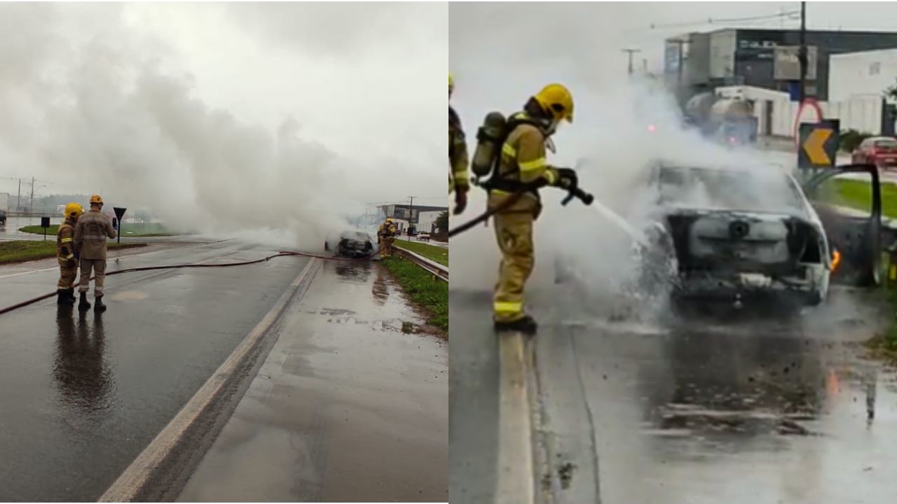 Carro pega fogo e assusta motoristas de Anápolis que passam pela BR-153
