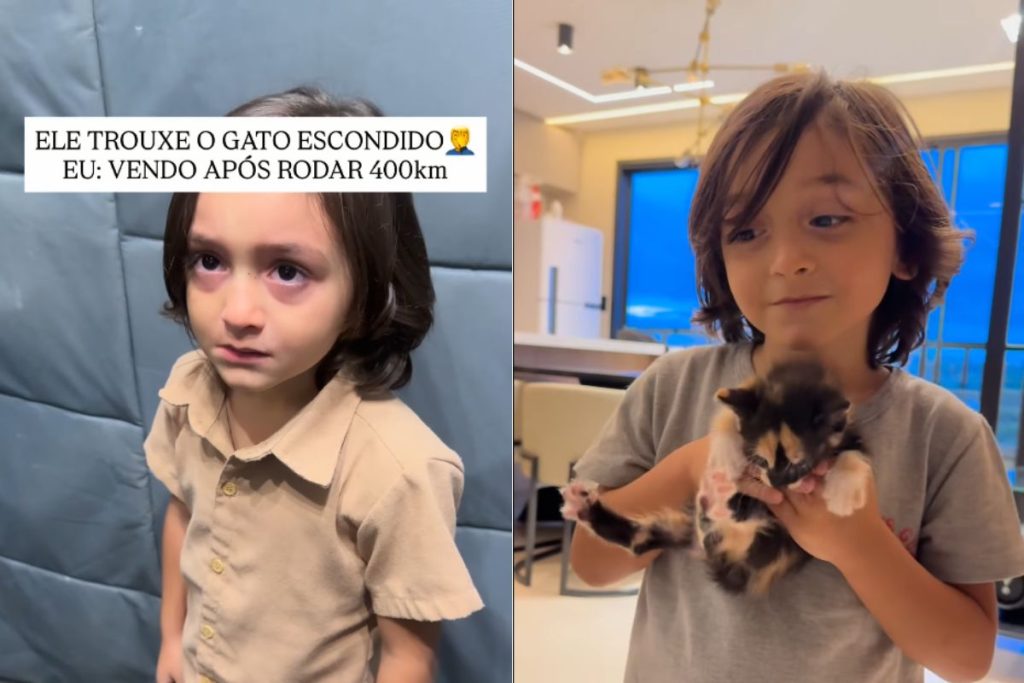 Gael e o gatinho depois de uma longa viagem.