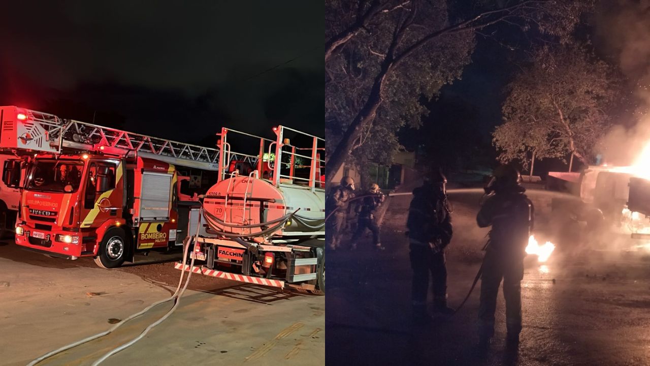 Incêndio de grandes proporções atinge caminhões no pátio da Seinfra, em Goiânia