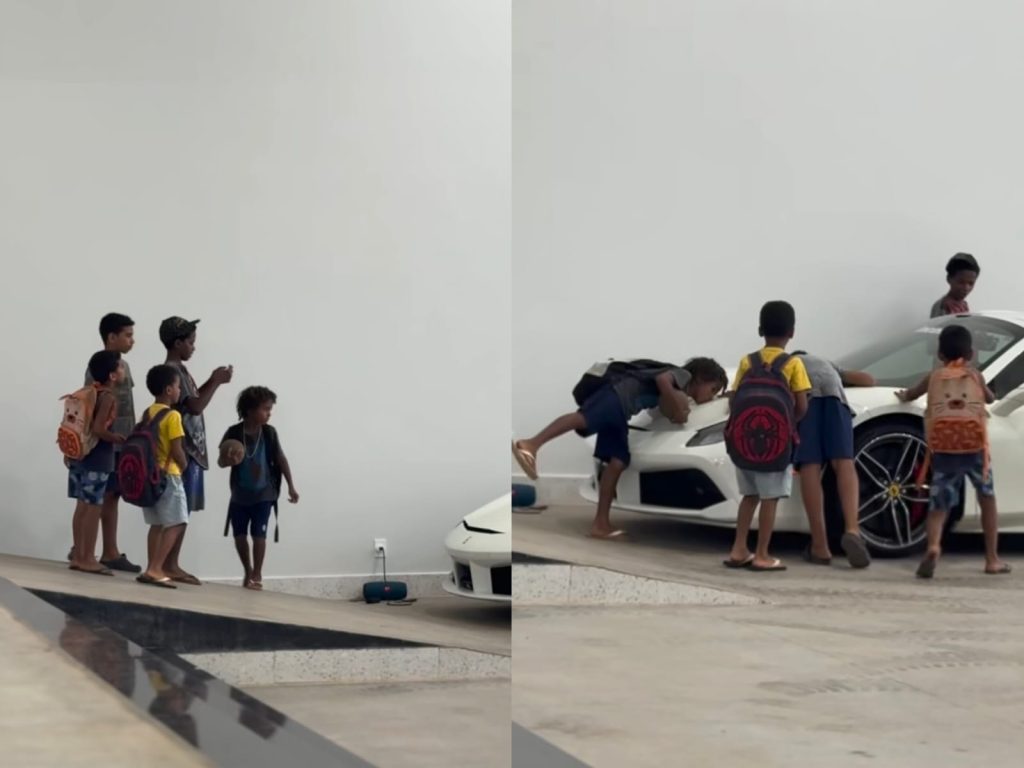 Meninos se admiraram com o veículo de luxo e registro viralizou nas redes sociais. (Foto: @trex_lift)