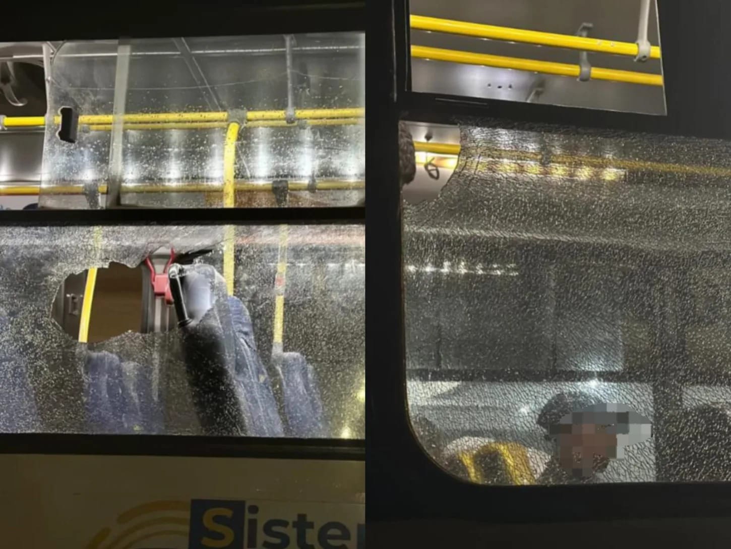 Janelas do ônibus foram estilhaçadas com as pedras. (Foto: Reprodução)