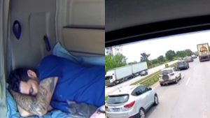 Caminhoneiro foi flagrado dormindo dentro do caminhão, enquanto trânsito seguia.