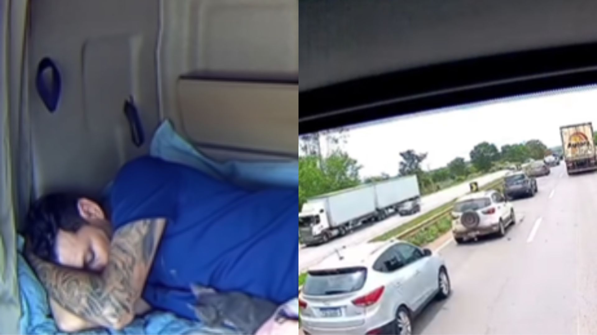 Caminhoneiro foi flagrado dormindo dentro do caminhão, enquanto trânsito seguia.