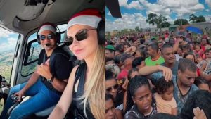 Ação do Frigorífico Goiás reuniu dezenas de pessoas em volta de helicóptero.