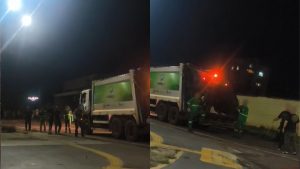 Vídeo registrou confusão entre garis e lutadores de jiu-jitsu por conta de saco de lixo rasgado.