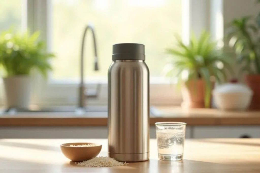 lavando garrafa térmica com sal e vinagre