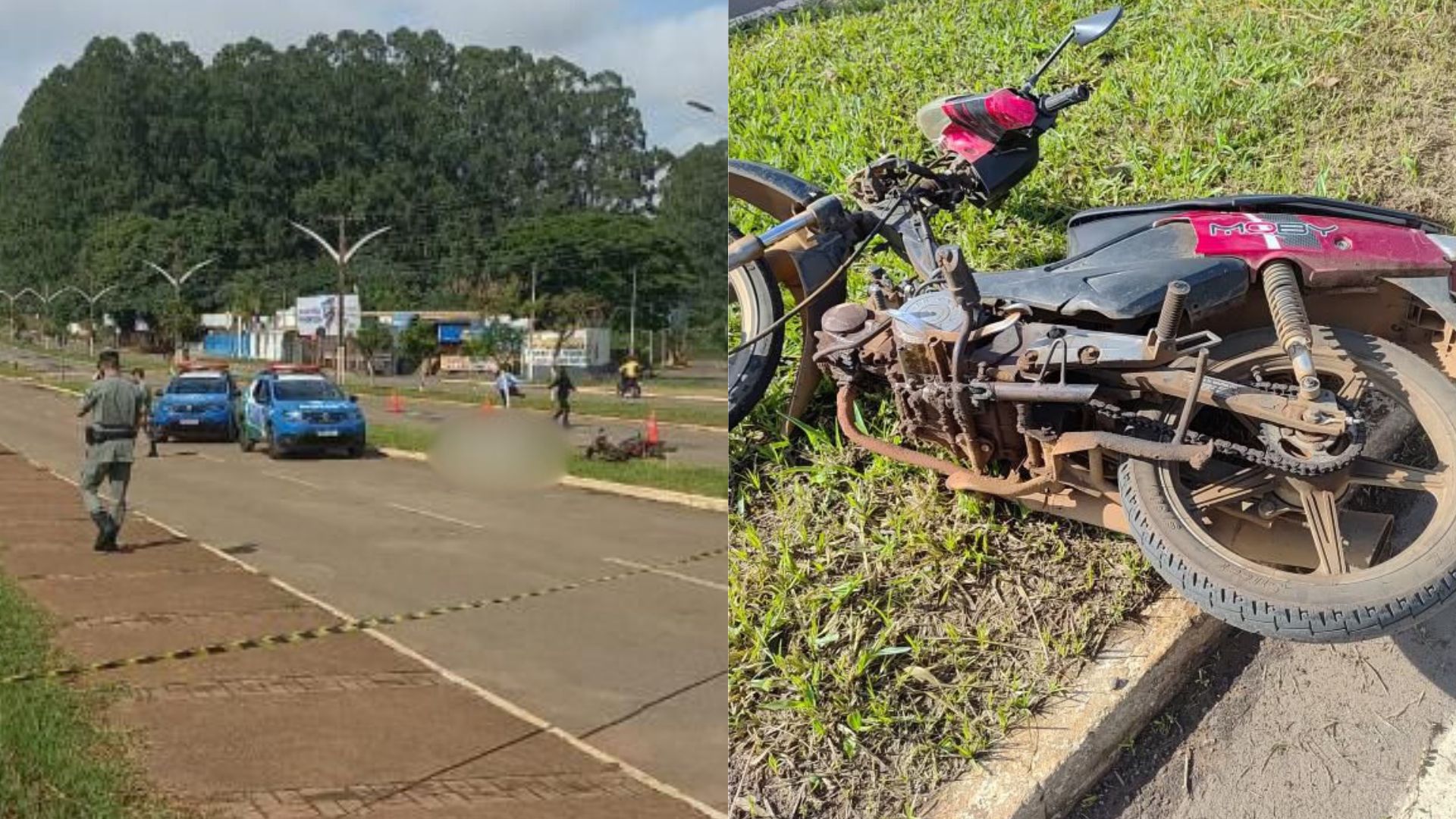 Mulher foi encontrada caída ao lado de um ciclomotor no canteiro da avenida.