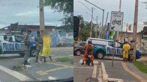 Cena de homem vestindo uniforme do presídio espantou motoristas.
