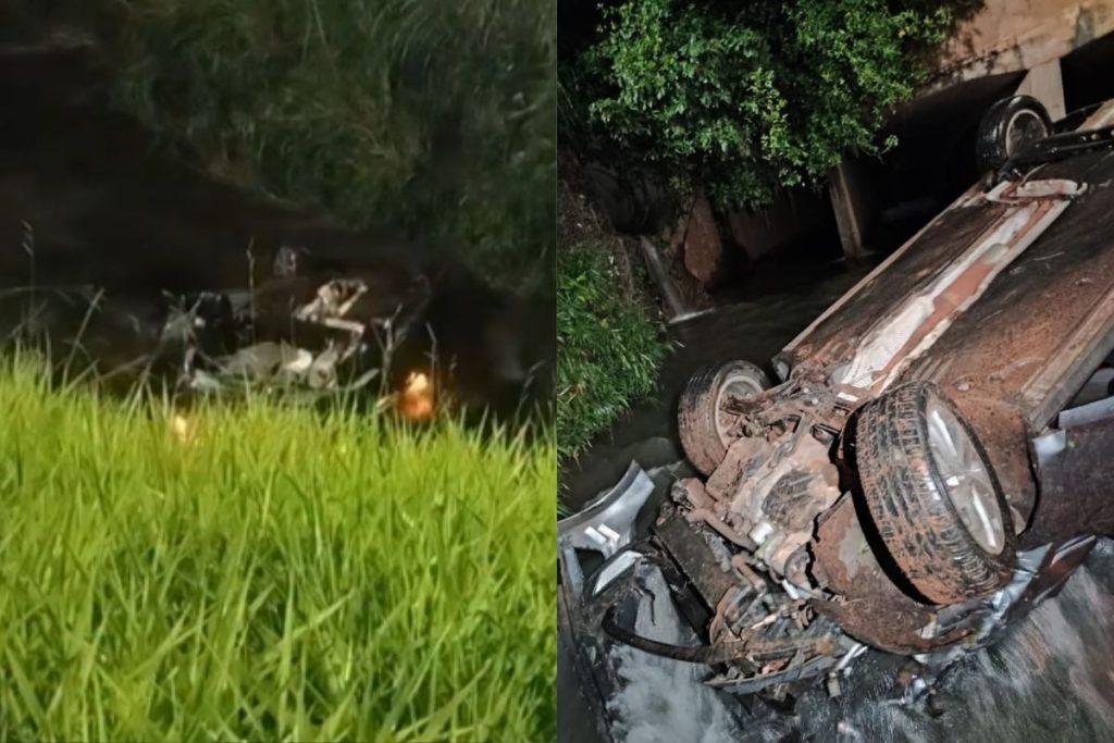 Carro capota e cai dentro de córrego na Avenida República do Líbano, em Goiânia