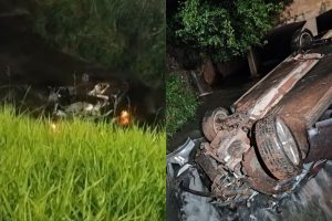 Carro capota e cai dentro de córrego na Avenida República do Líbano, em Goiânia