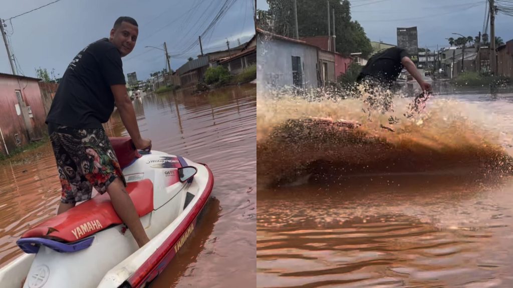 Morador "aproveitou" a rua alagada para pilotar um jet ski.