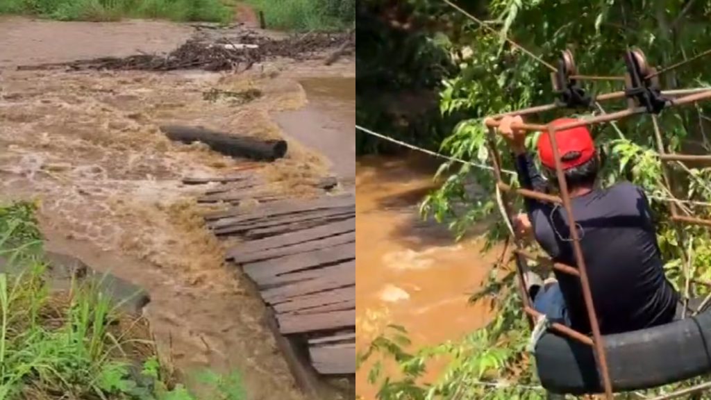 Ponte foi arrastada pela chuva, e moradores agora precisam se arriscar com tirolesa para cruzar o Rio do Peixe.