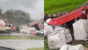 Caminhão tombou sobre a BR-060.