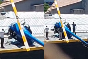 Helicóptero tomba durante pouso em frigorífico e assusta moradores em Goiânia